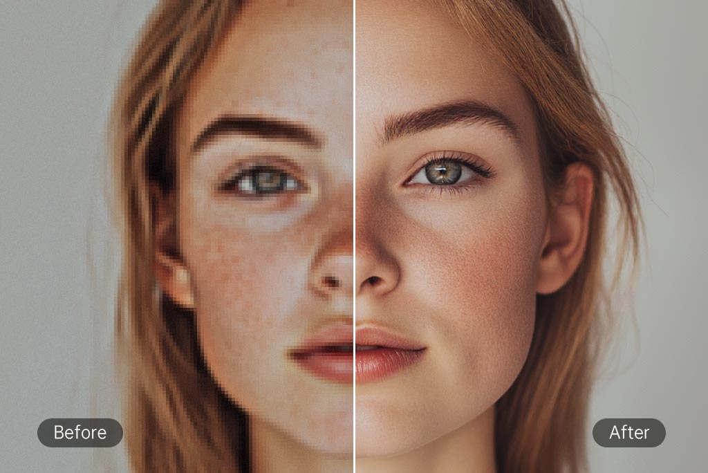 Before and after comparison of an AI-enhanced face restoration: blurred old photo on the left, sharp clear face on the right.